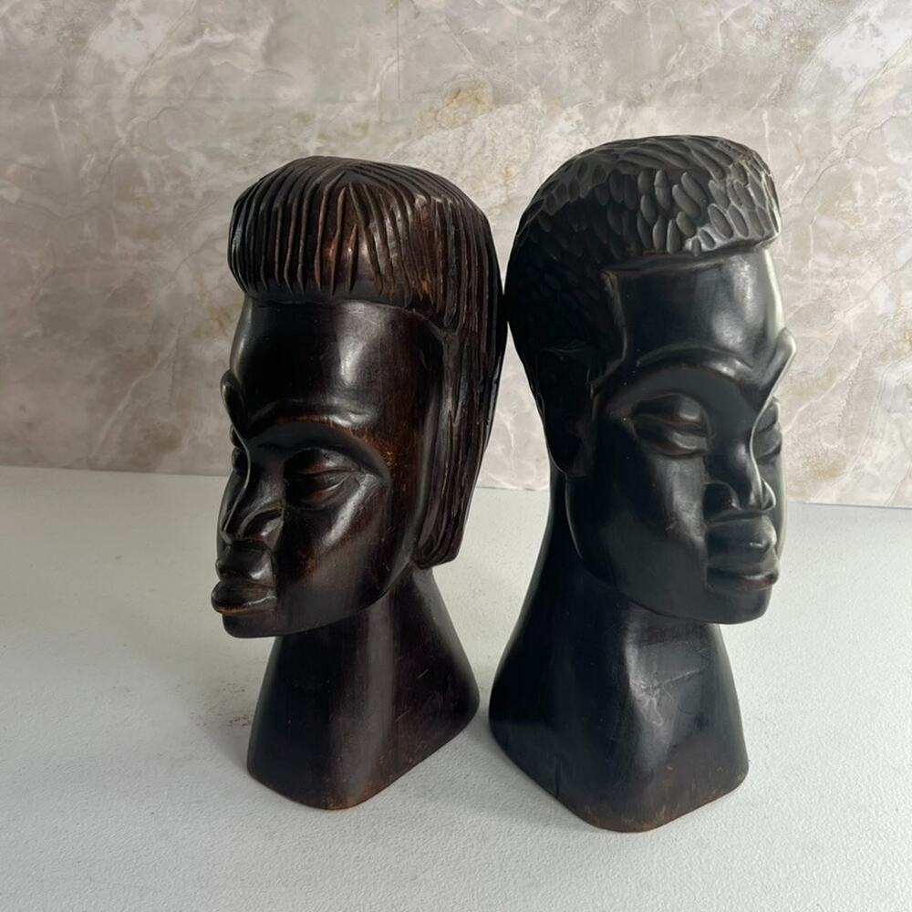 Vintage African Hand Carved Ebony Wood Head Sculptures 10.5" Tall